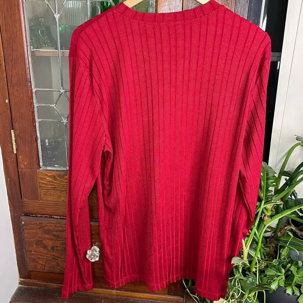 Vintage 90s Red Ribbed Knit Shirt Mens Medium Slim Fit Stretch